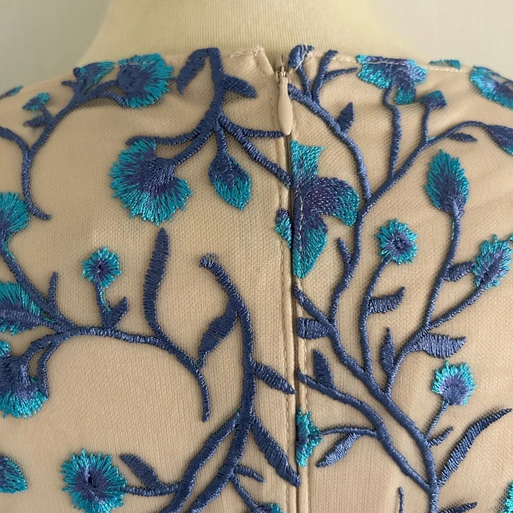 Adrianna Papell Floral Sheath Dress Cream Blue Nude Cap Sleeve Size 14 - Picture 7 of 14